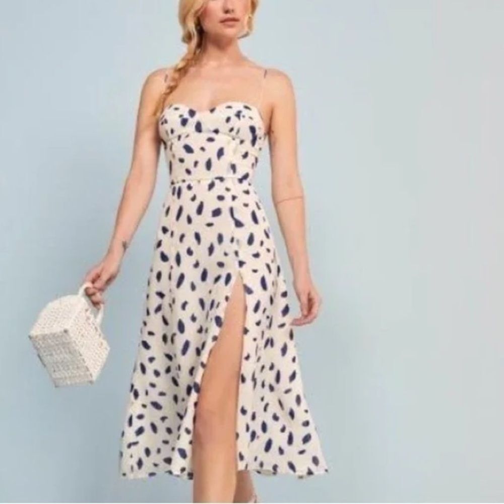 Reformation Juliette Elegant White and Blue Polka Dot Dress size 12